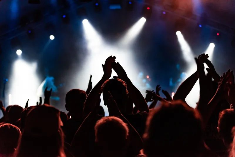 Silhouetted concert crowd clapping and cheering under bright stage lights during a dynamic music performance.