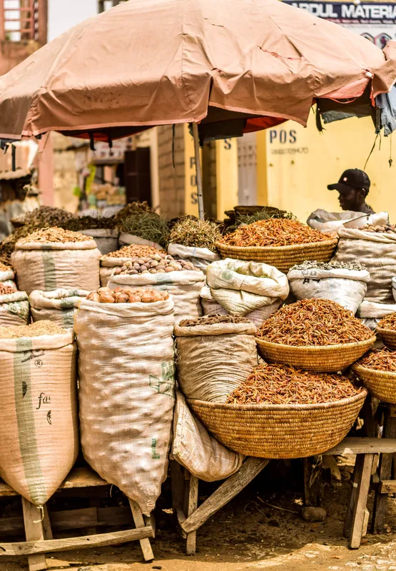 An outdoor African market stall with sacks of colourful spices.